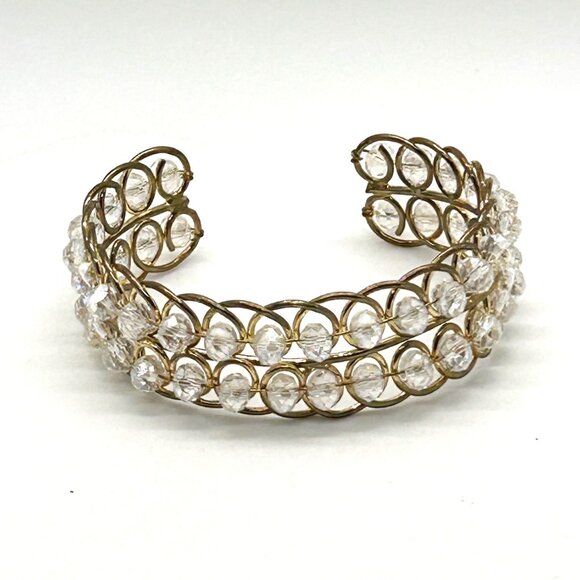 Vintage Gold-Tone Wire Cuff Bracelet With Clear Faceted Beads - Picture 3 of 10